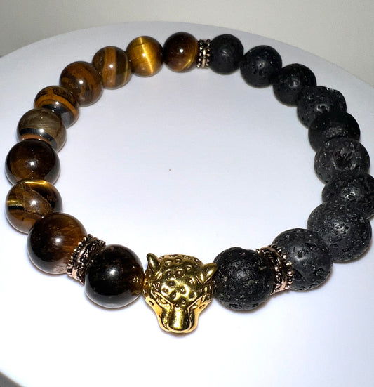 Men’s Tiger and Black Lava Stone Bracelet