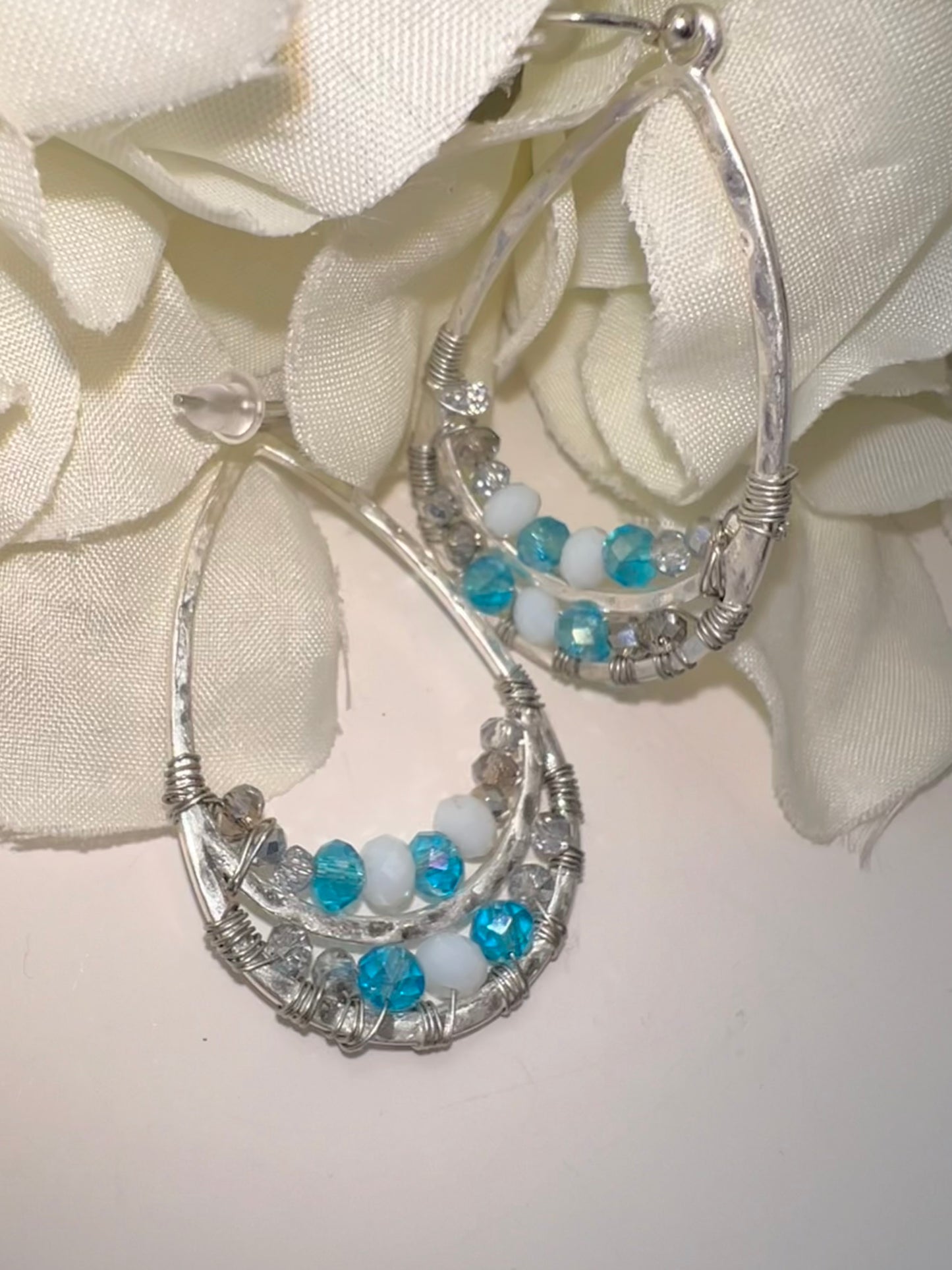 Silver wire wrapped crystal hoop earrings