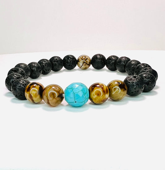 Men’s Agate/Lava Stone and Turquoise Bracelet