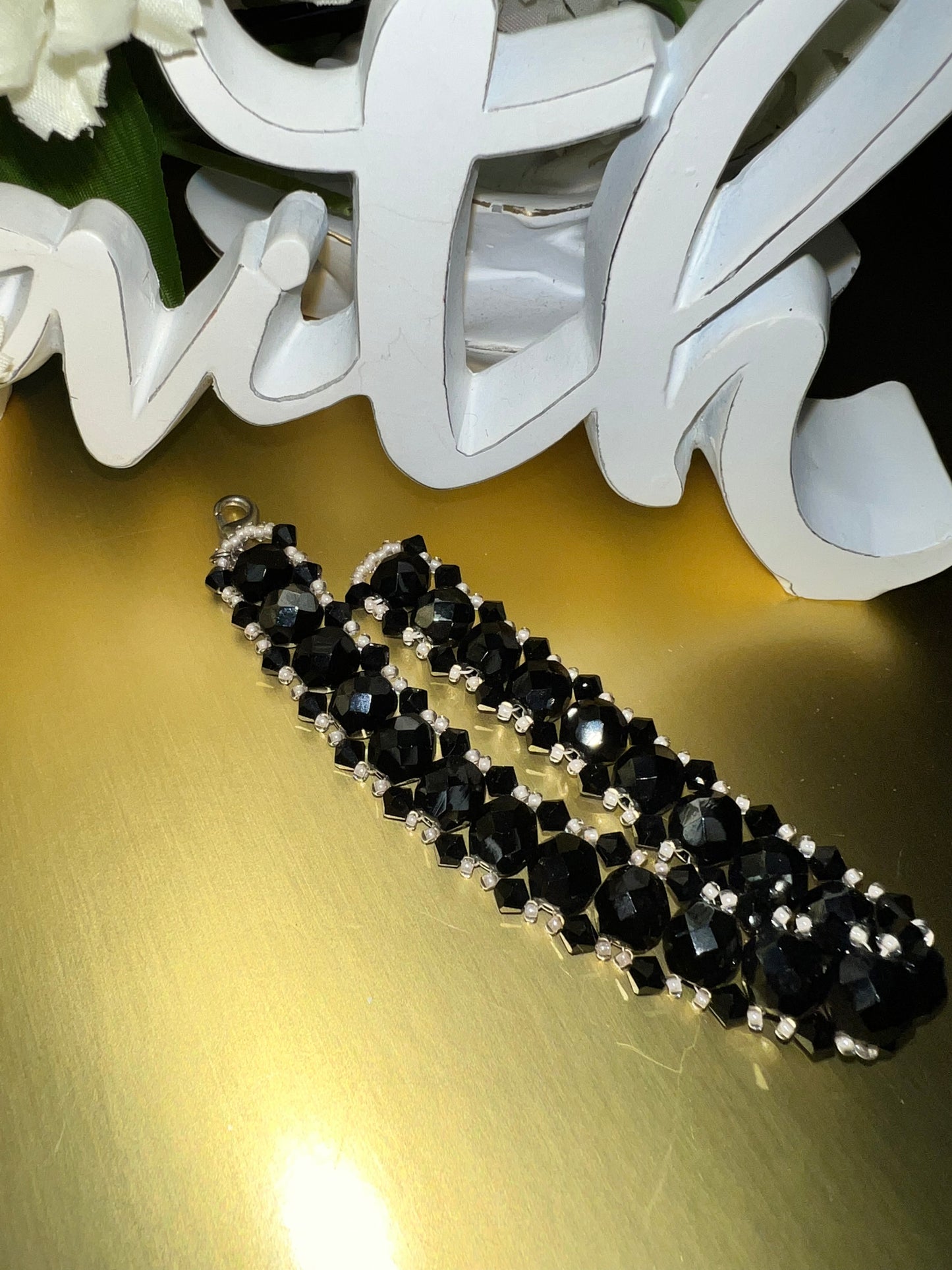 Faceted Black Czech//Swarovski Crystal// Black Beaded Bracelet