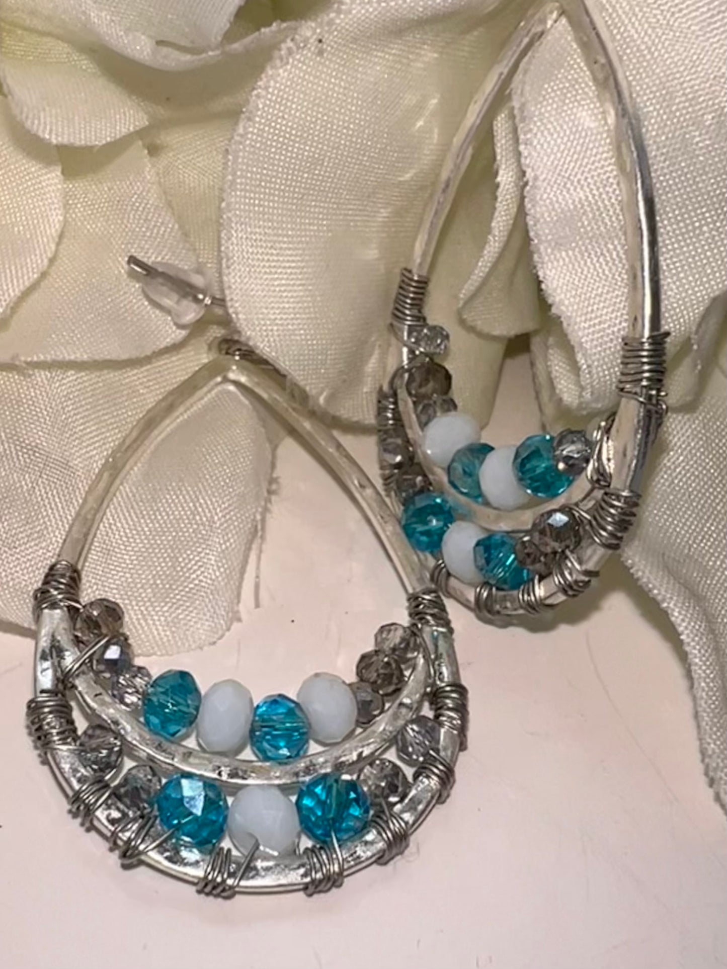 Silver wire wrapped crystal hoop earrings