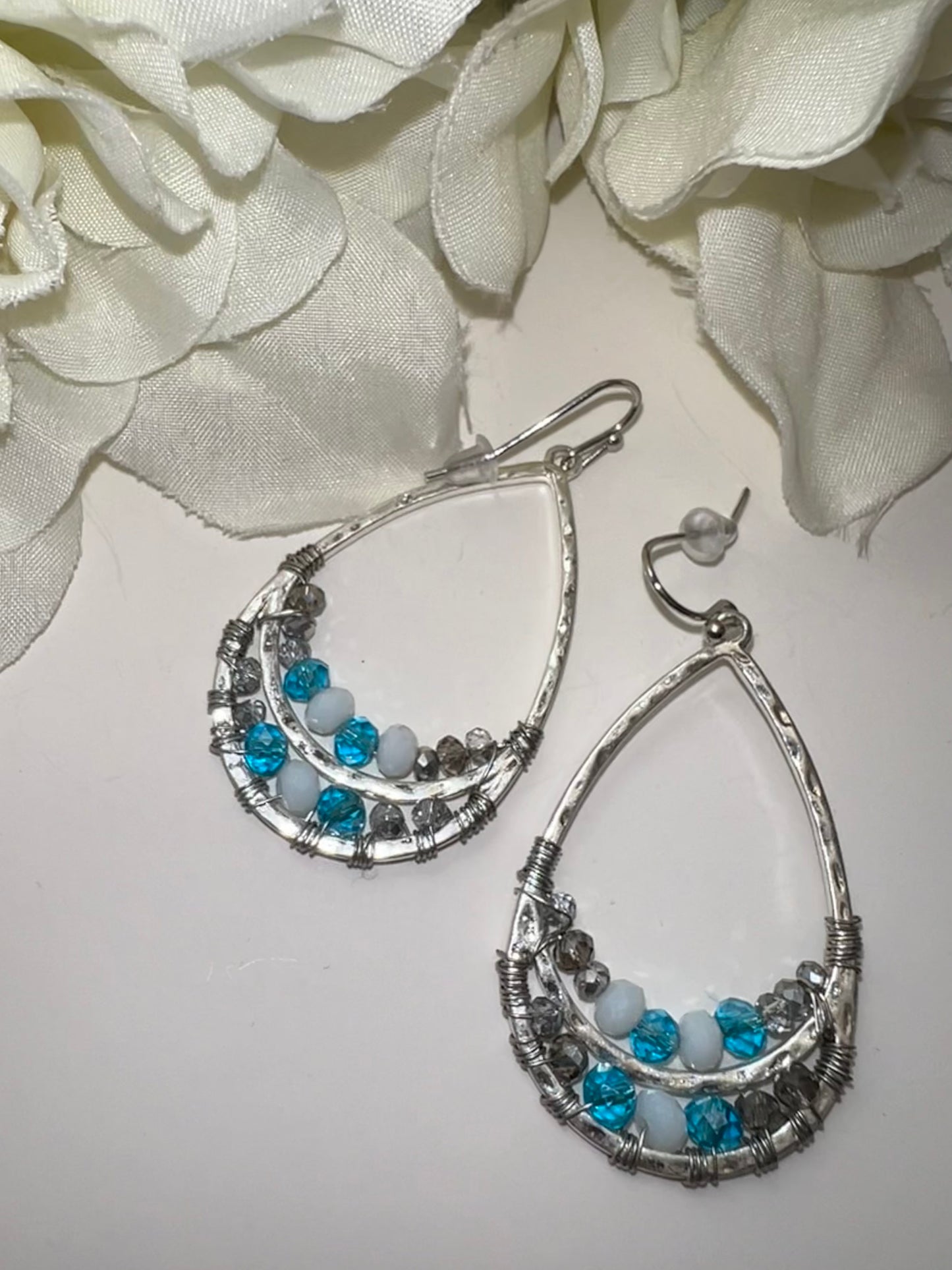 Silver wire wrapped crystal hoop earrings