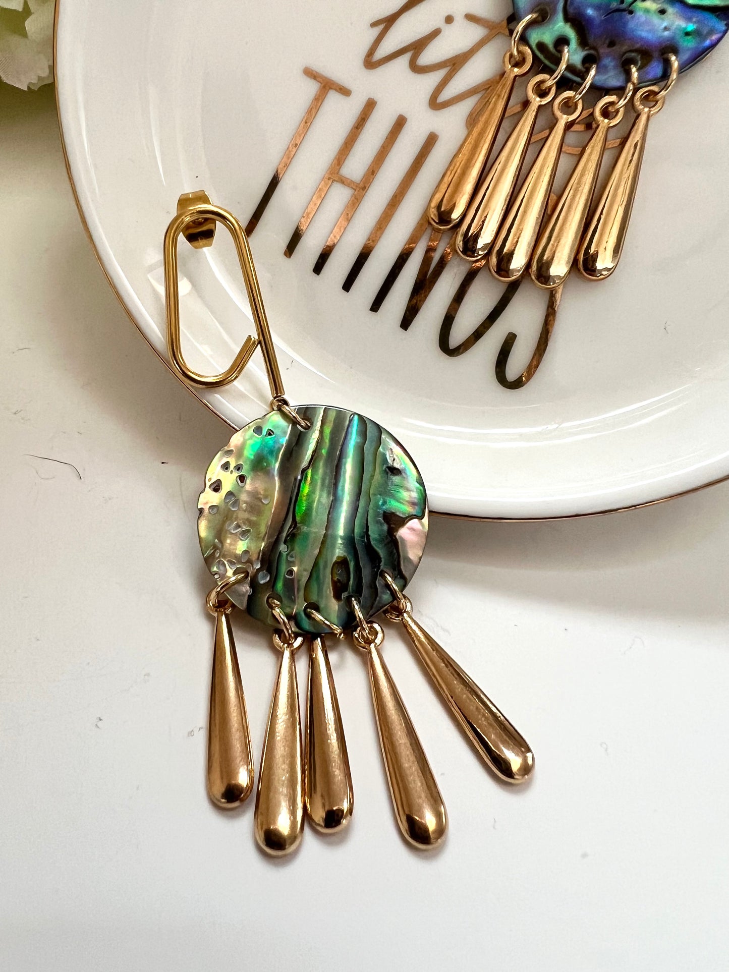 Chandelier Abalone shell gold toned earrings