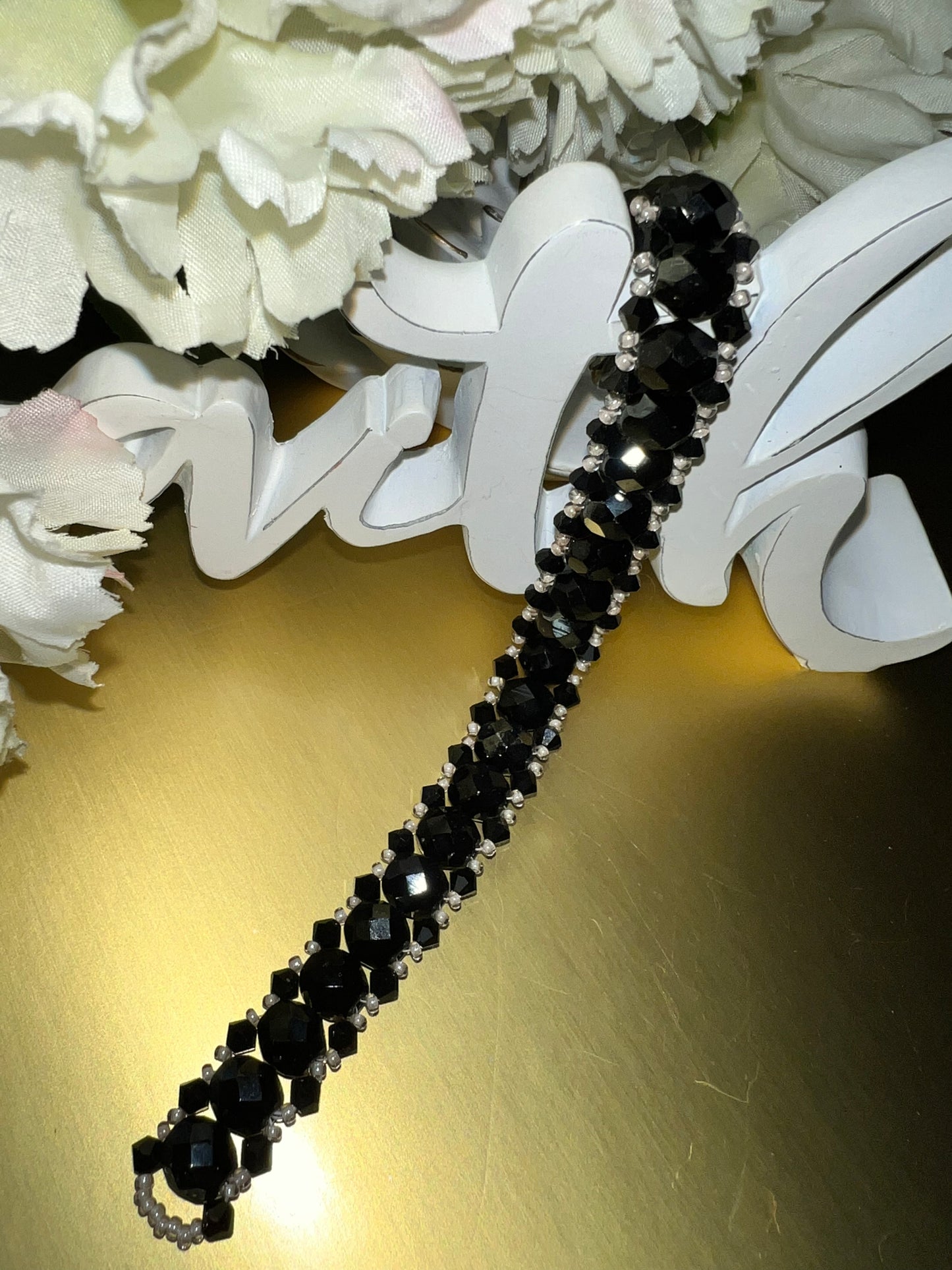 Faceted Black Czech//Swarovski Crystal// Black Beaded Bracelet