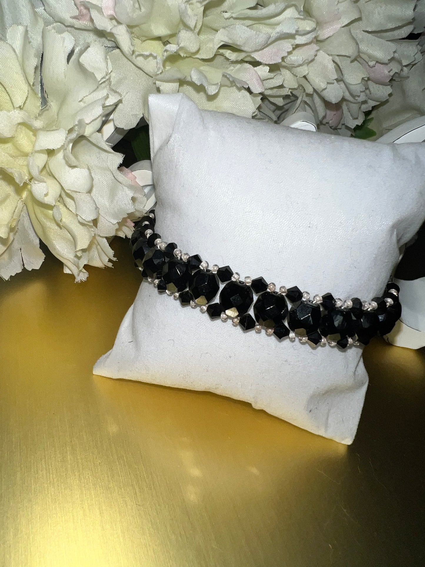 Faceted Black Czech//Swarovski Crystal// Black Beaded Bracelet