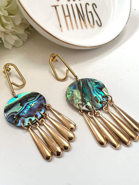 Chandelier Abalone shell gold toned earrings